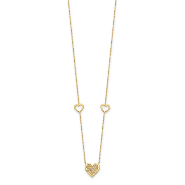 Leslie's 14K Polished and Filigree Heart Stations with 1in. ext. Necklace