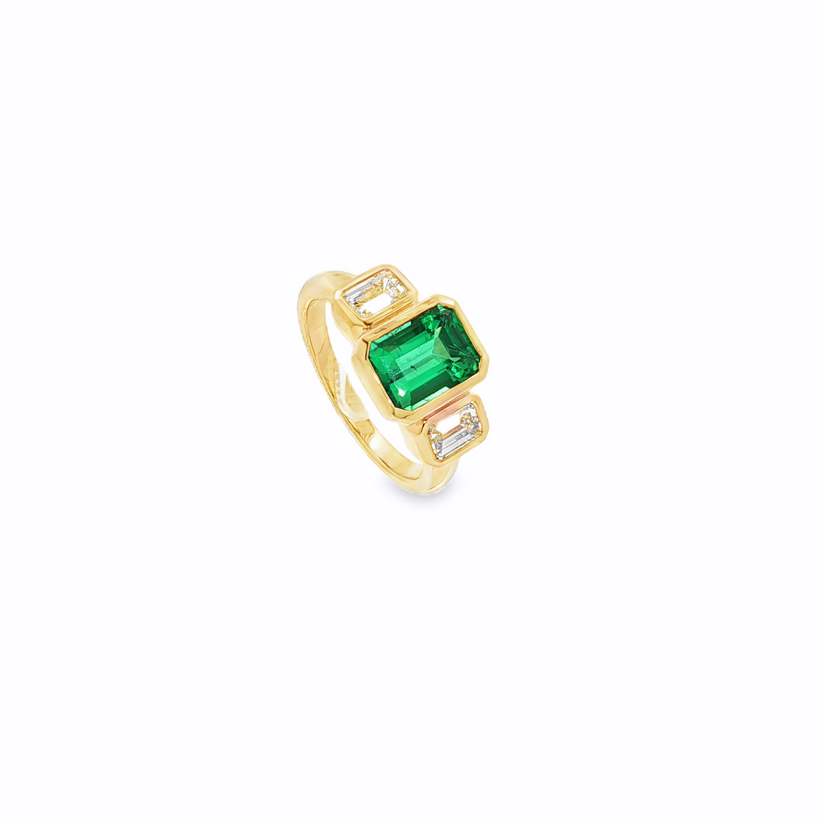 18K Yellow Gold 2.13Ct Natural Emerald, with Two Emerald cut Diamonds on Sides