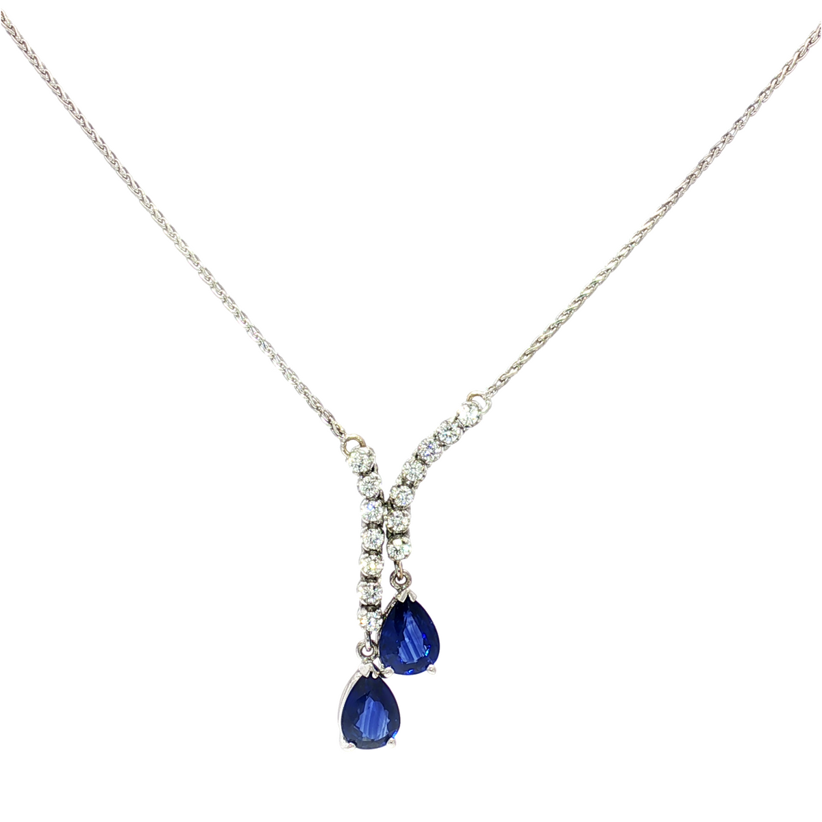 21' 14K White Gold Wheat Chain with Blue Sapphires and Diamonds