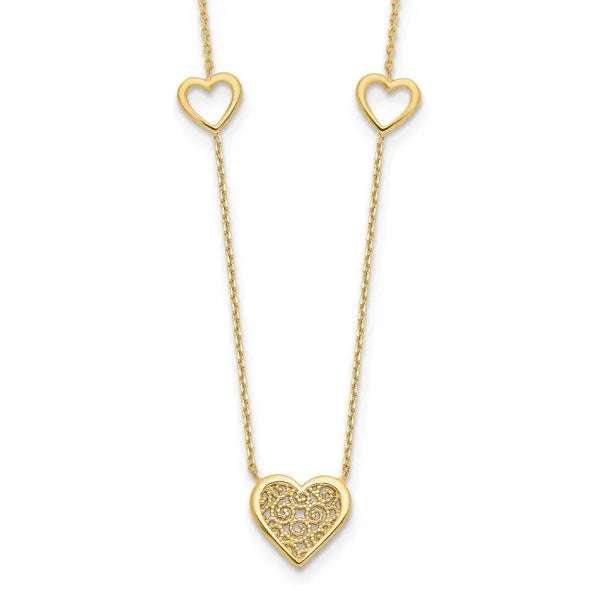 Leslie's 14K Polished and Filigree Heart Stations with 1in. ext. Necklace